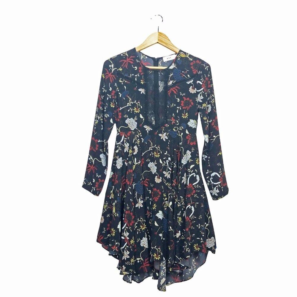 A.L.C. Cynthia Silk Floral Long Sleeve Mini Dress Lace Cut Out Detail 0